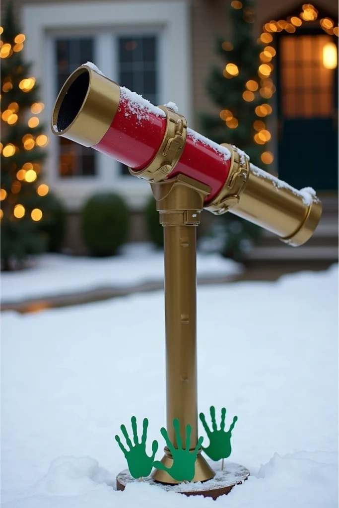 DIY Grinch-themed yard post with a bronze telescope made from PVC pipes and green handprints on the base, set in a snowy holiday yard.