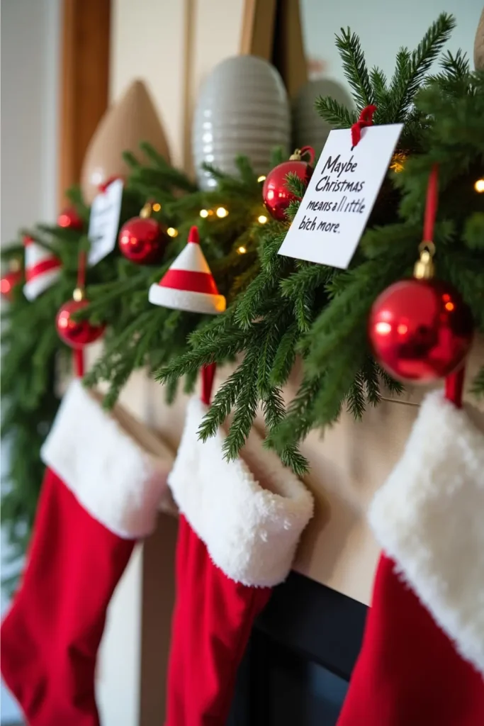 Christmas mantel with green garland decorated with Santa hats, ornaments, and Grinch story quotes, creating a cozy festive look.