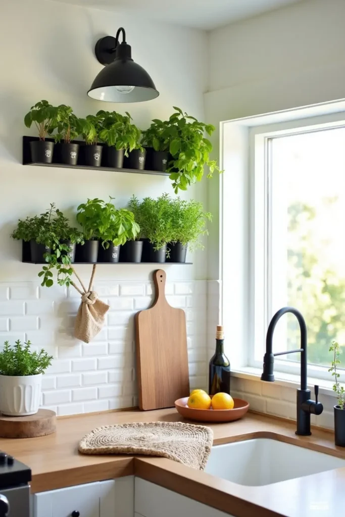 Wall-mounted herb garden with basil, mint, and thyme in pots by a kitchen window with rustic modern decor.