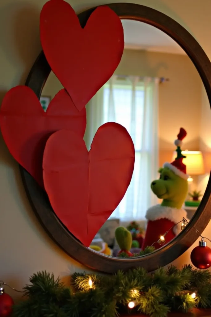 DIY mirror frame decorated with three painted red cardboard hearts, inspired by the Grinch’s growing heart, adding festive Whoville Christmas decor.