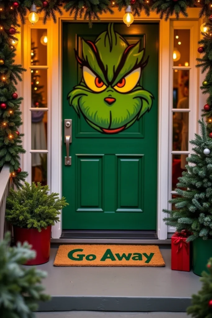 "DIY Grinch doormat with yellow eyes and 'Go Away' text in Whoville font on a festive holiday porch."