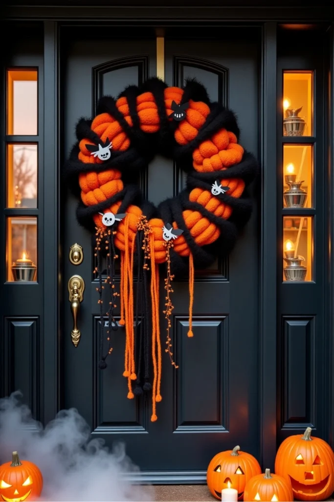 Spooky Halloween yarn wreath with bats, skulls, spider webs, and pumpkins on a black front door.
