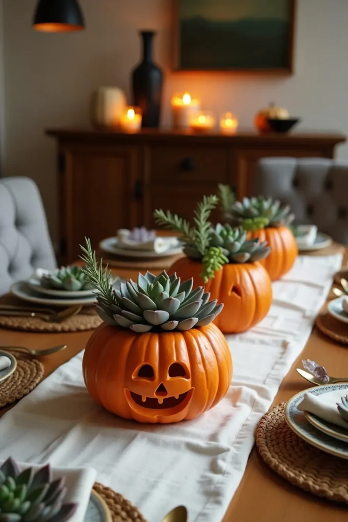 Mini pumpkin succulent planters with herbs on linen table runner, warm pendant light, cozy fall decor.