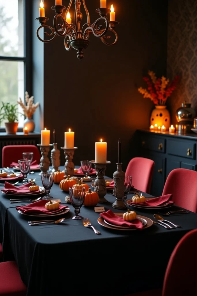 "Elegant Halloween dining table with black cloth, skull candles, pumpkins, and red napkins."