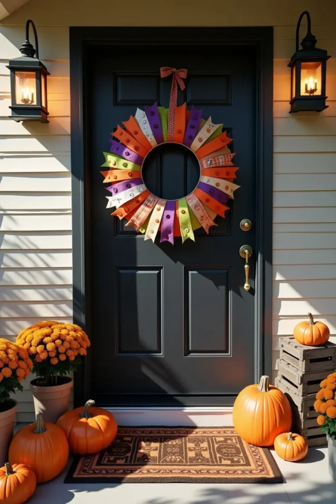 Colorful scrap-fabric Halloween wreath with button eyes on black door, pumpkins, mums, warm porch light.