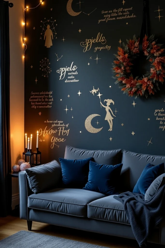 Velvet ribbon Halloween bows with gold charms and leaves on black door, pumpkins, mums, warm lantern.