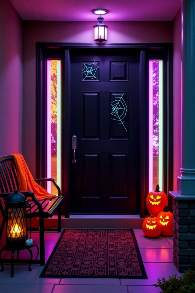 UV-lit Halloween front door with neon spiderweb patterns, pumpkins, and orange throw on black bench.