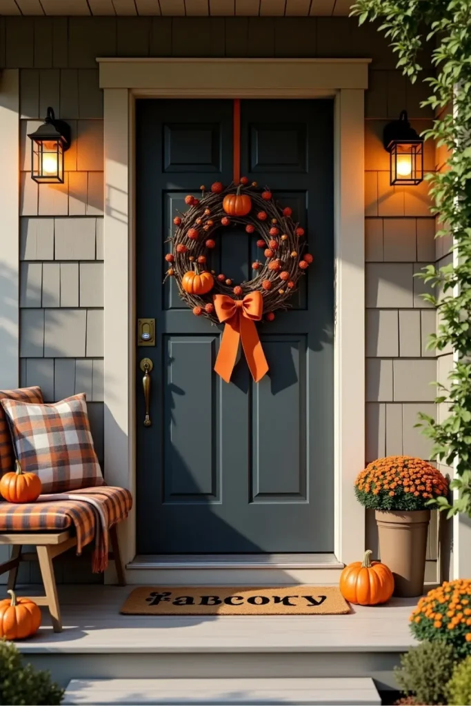 Handmade twig Halloween wreath with berries and ribbon on charcoal door, warm lantern light, autumn decor.