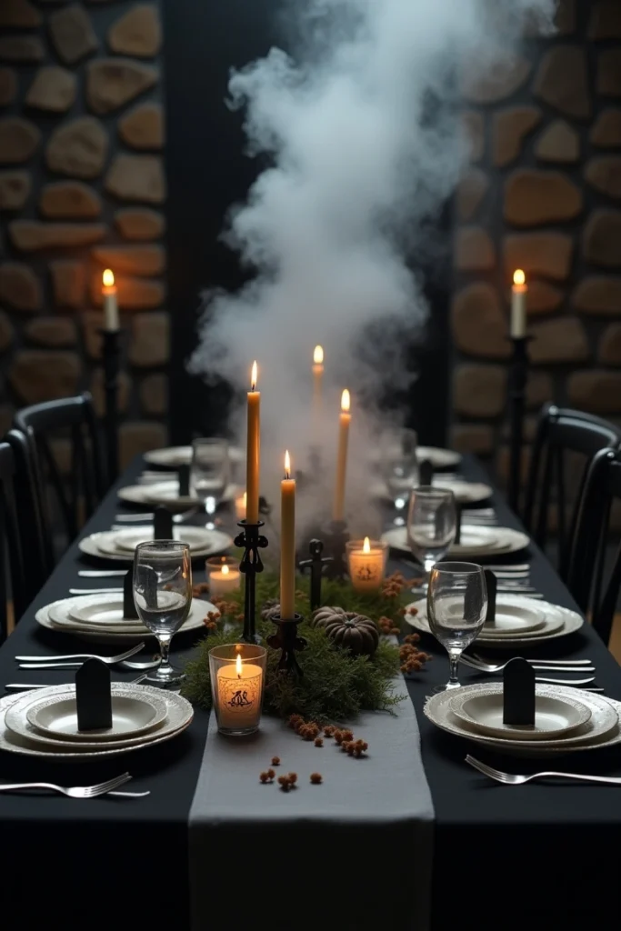 "Foggy Halloween party table with mini tombstones, gothic candles, and eerie graveyard ambiance."