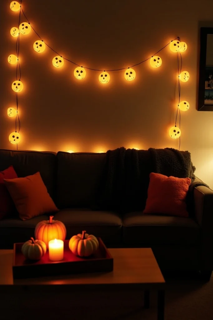 Cozy Halloween living room with pumpkin string lights, mini pumpkins, and warm festive glow."