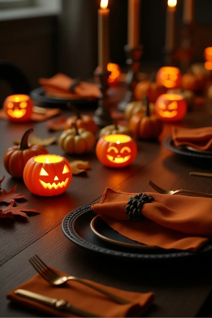 "Halloween table with glowing mini jack-o’-lanterns, black plates, and orange napkins."