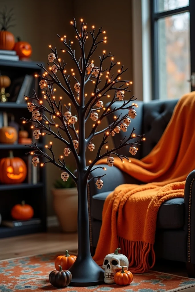 Black Halloween tree with skulls, orange lights, and pumpkins beside a cozy chair with a warm throw.