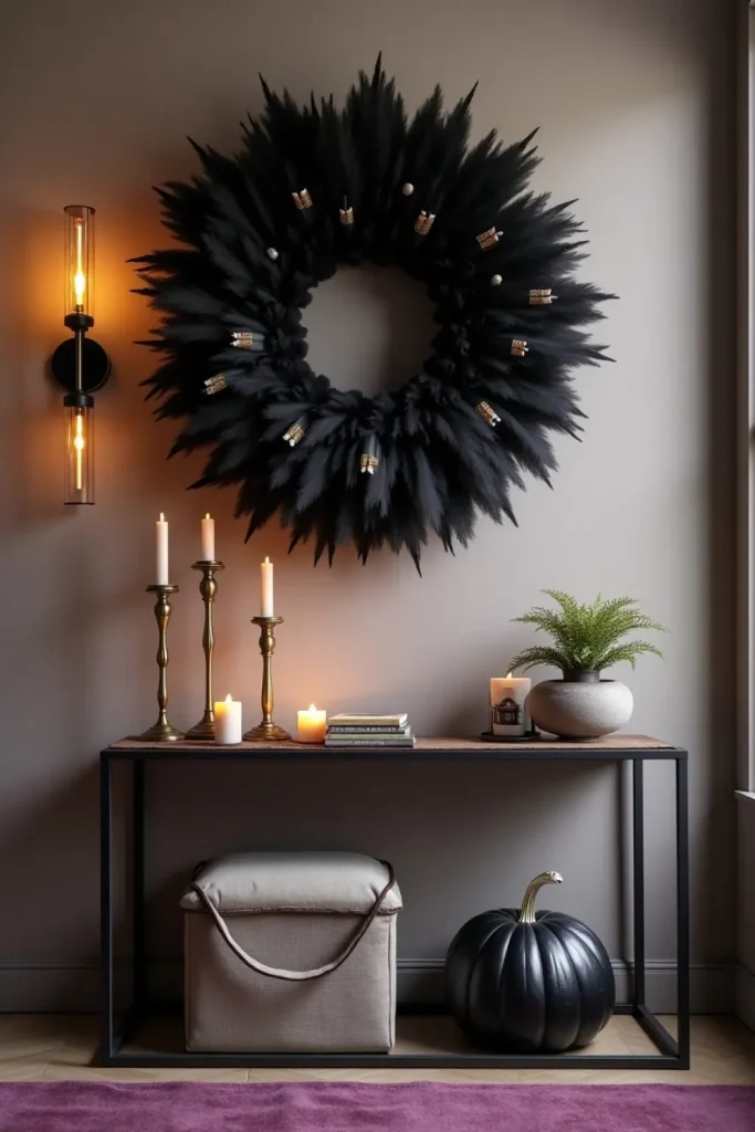 Black feather Halloween wreath with beads above console table, gold candles, and velvet plum runner.