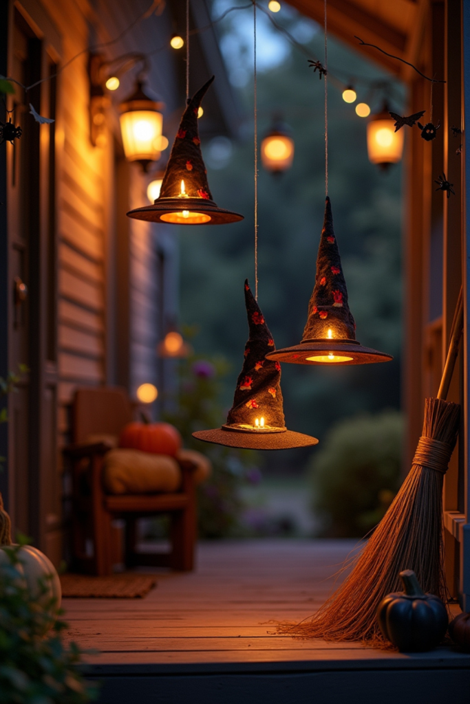 Floating witch hats glow warmly on a porch, creating a magical Halloween welcome at dusk.