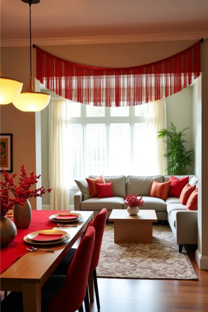 Gold tassel garlands and red streamers hung in festive Lunar New Year dining and living room decor.