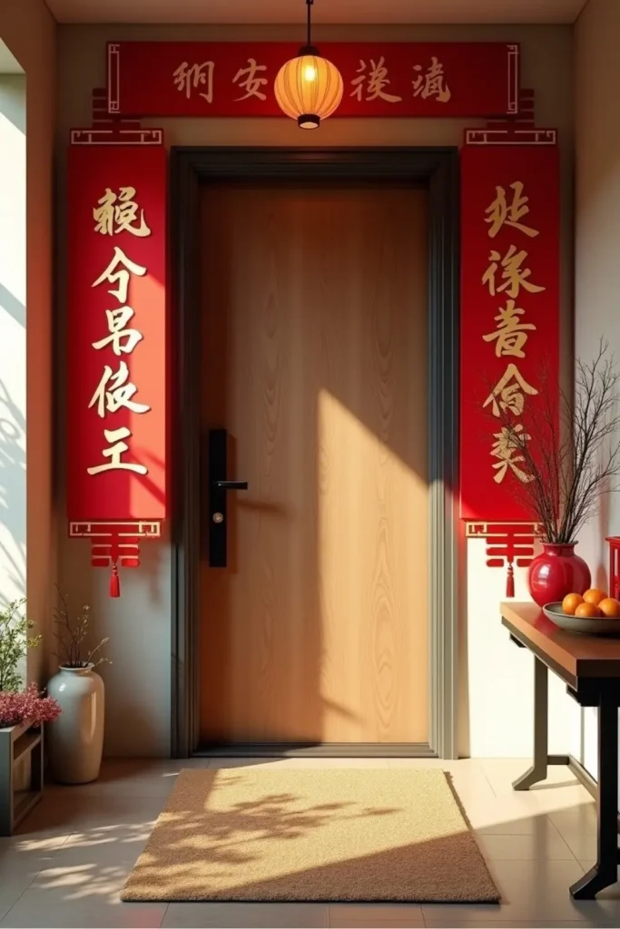 Spring couplets with gold calligraphy hang by wooden front door, festive Lunar New Year entryway decor.
