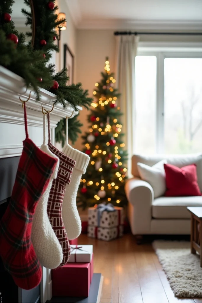 Knit and plaid Christmas stockings hang low on mantel with greenery garland and cozy holiday decor.