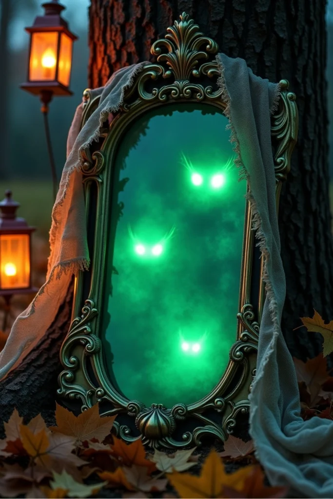 “Antique mirror with glowing green eyes and tattered cloth for a dramatic outdoor Halloween display”