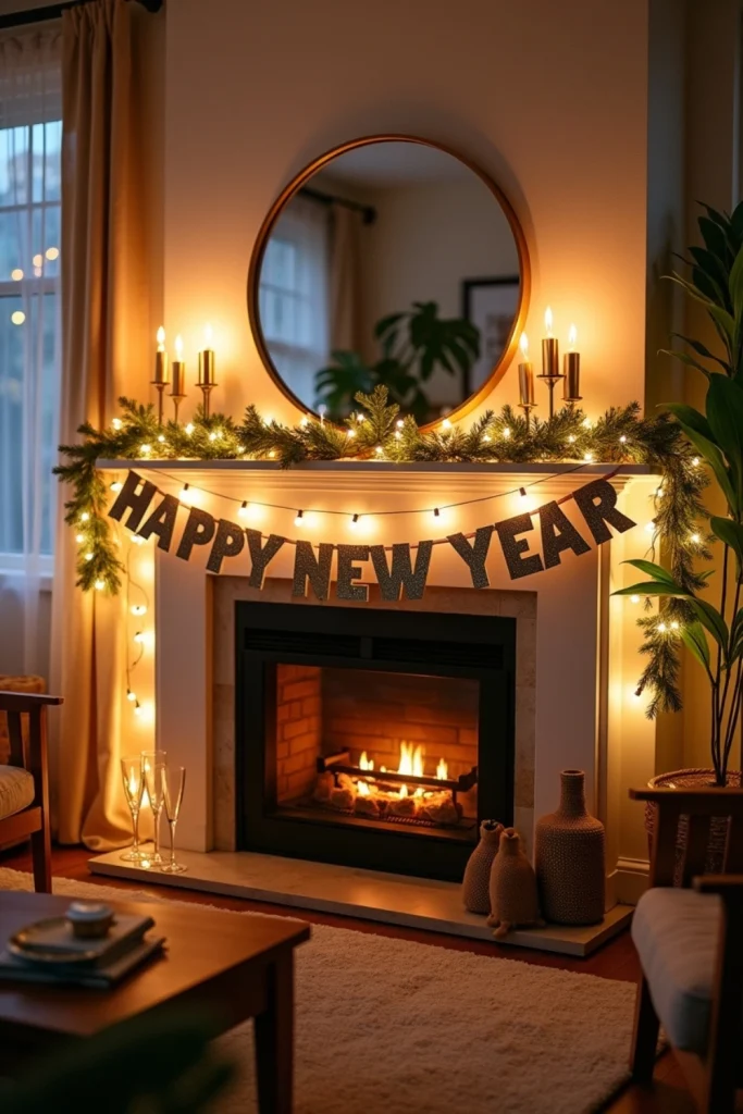 DIY glitter Happy New Year garland on mantel with candles, photos, and festive warm lights.