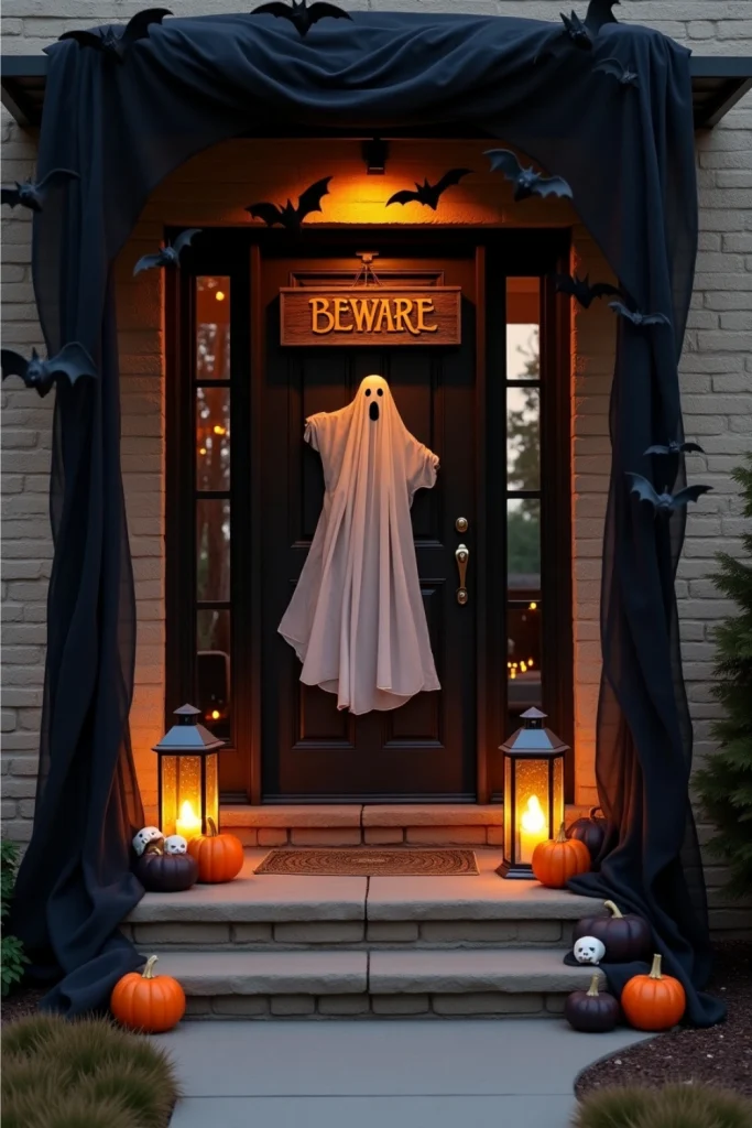 Haunted Halloween entryway with bats, “Beware” sign, lantern glow, and ghost for a spooky welcome.