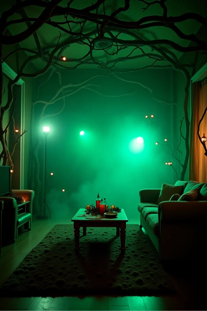Halloween living room with fake vines, glowing eyes, and fog machine for an eerie haunted forest feel.