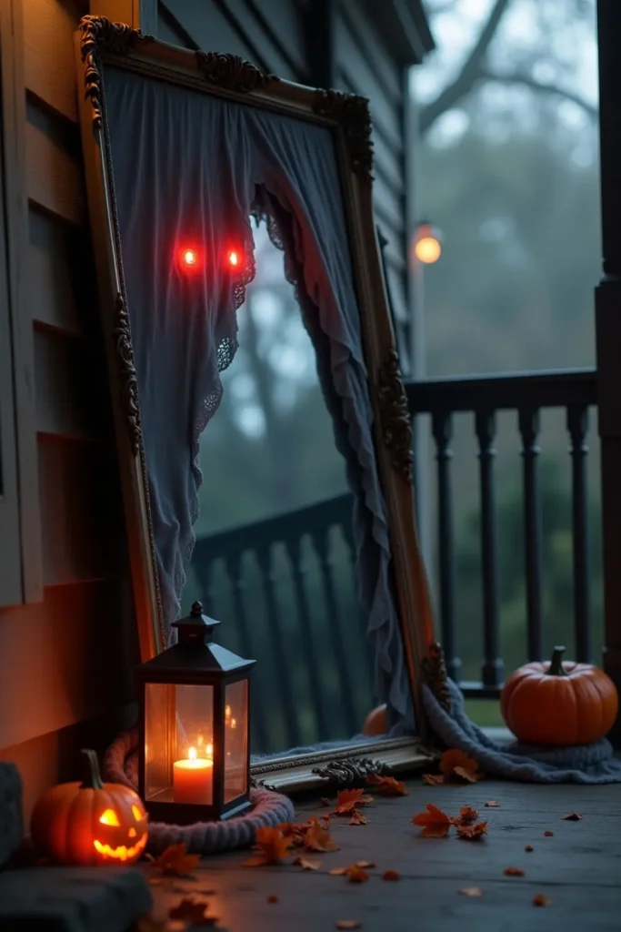 Vintage mirror with glowing red eyes, draped in tattered gauze, on porch with lantern glow and fog.