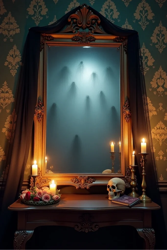 Vintage mirror with foggy film, ghostly silhouettes, and candlelit decor for a haunted Halloween vibe.