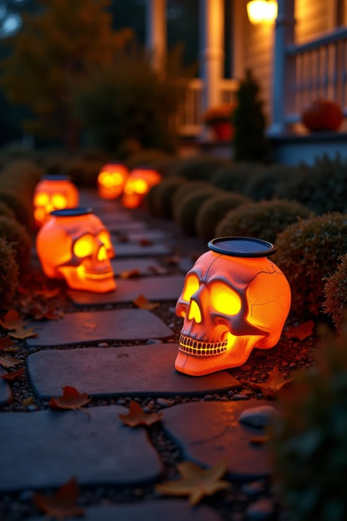 Skull-themed solar lights glowing along a foggy Halloween pathway with autumn leaves and pumpkins.