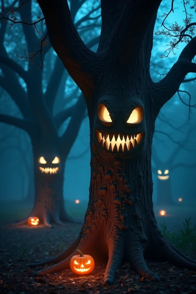 Glow-in-the-dark face decals on trees in a foggy yard, creating an eerie haunted forest Halloween effect.