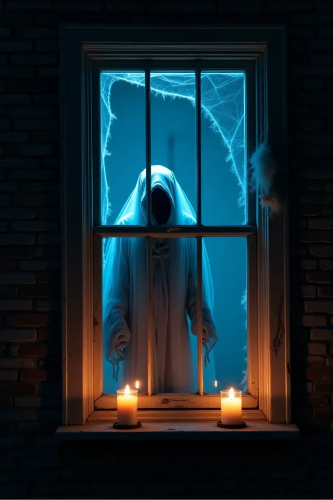 Gothic window with blue-lit ghostly figure, tattered robes, and flickering candles for haunted vibes.
