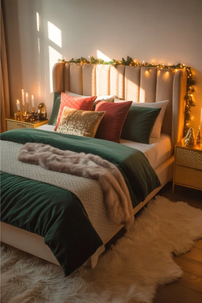 Holiday bedroom with deep green bedding, red and gold pillows, quilt layers, and warm fairy lights.