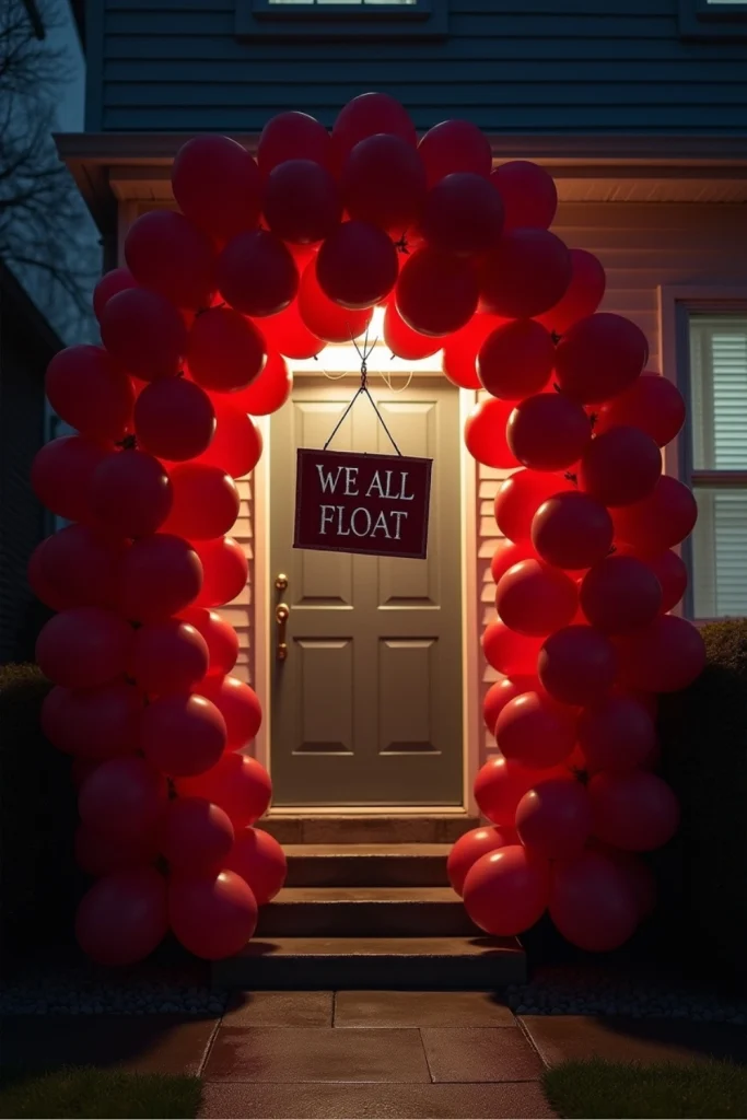 Floating red balloon arch with “WE ALL FLOAT” sign at a foggy, eerie Halloween doorway.