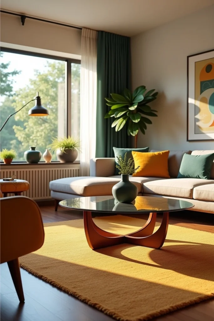 Mid-century modern living room with Noguchi coffee table, retro sofa, and warm ambient lighting.