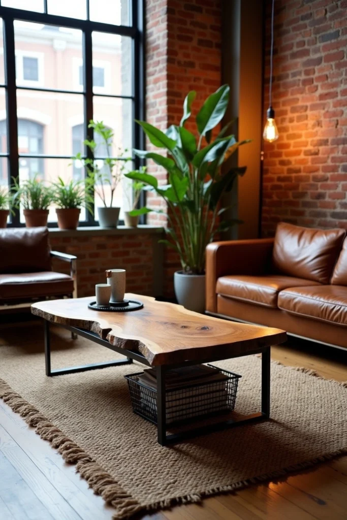 Industrial loft with live-edge wood and metal coffee table, leather sofa, and exposed brick wall