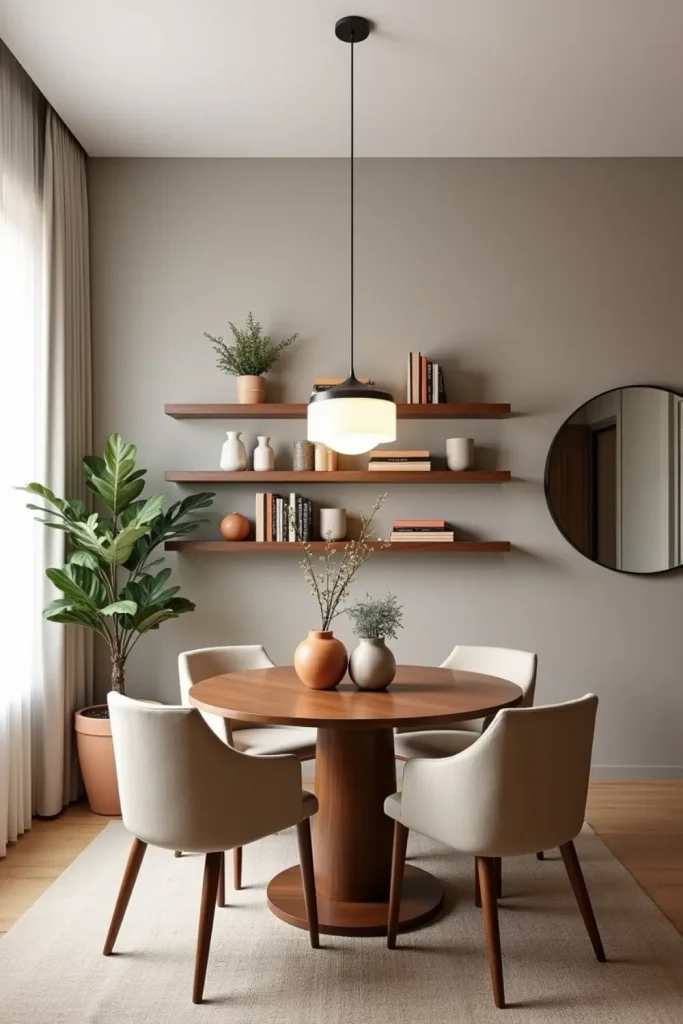 Dining room with staggered floating shelves, wooden table, plants, warm lighting, and soft textiles.