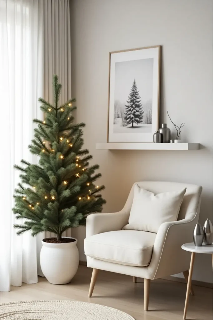 Minimalist Christmas corner with cream armchair, small lit tree, silver accents, and soft daylight