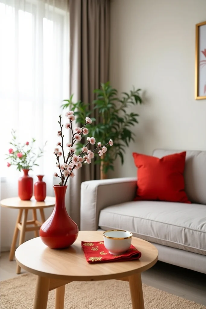 Minimalist Lunar New Year living room with red vase, pillow, and gold accents for chic small-space decor.