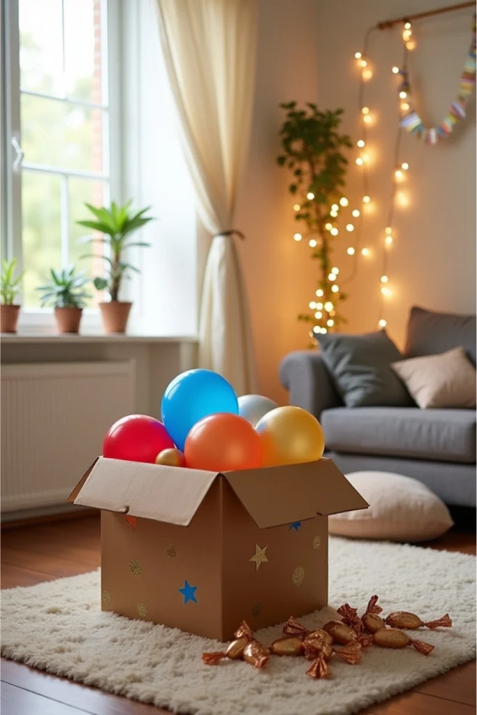 Kid-safe balloon drop box with colorful balloons, hidden toys, and playful festive living room decor.