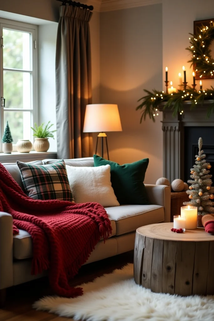 Cozy Christmas living room with knit blanket, plaid pillows, faux fur rug, and warm festive lighting.