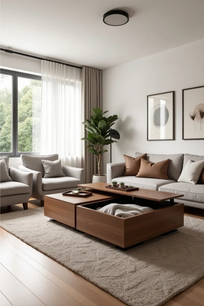Modern living room with wooden lift-top coffee table, neutral sofa, wool rug, and hidden storage.