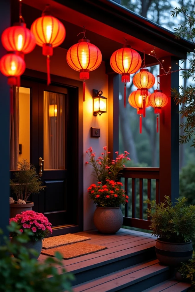 Red lanterns glowing on porch and trees with plants and lights, festive Lunar New Year outdoor decor.