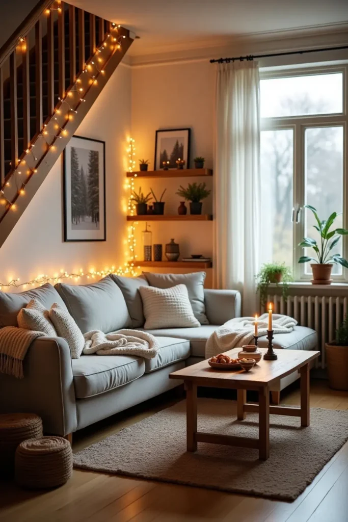 Cozy Nordic living room with warm fairy lights, rustic decor, indoor plants, and soft festive glow