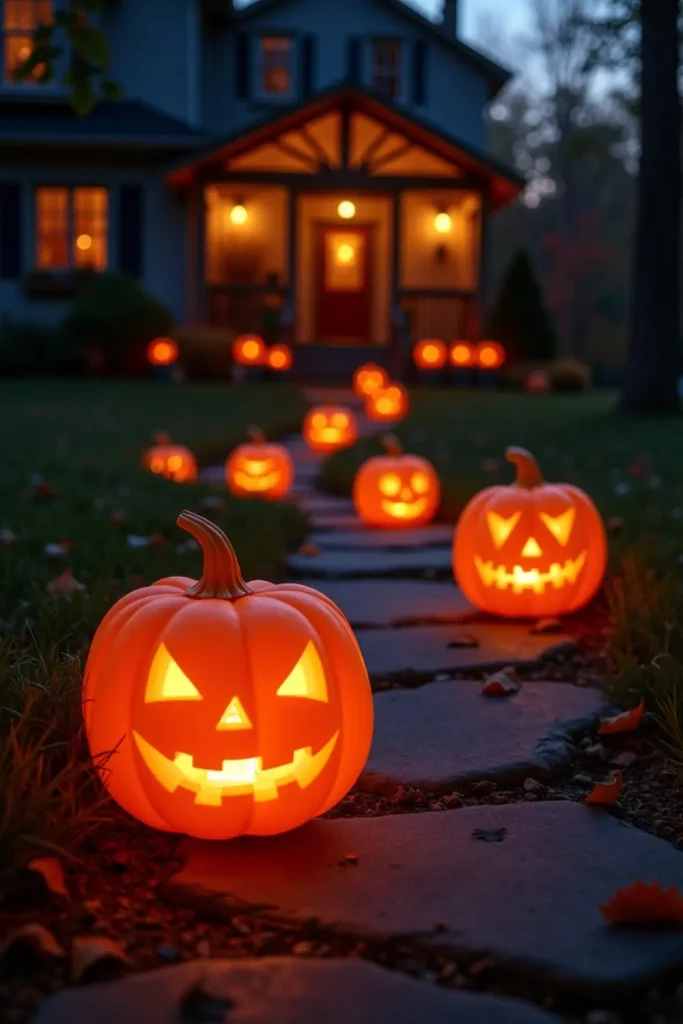 Glowing foam jack-o’-lanterns line a walkway, lighting the path to a festively decorated porch.