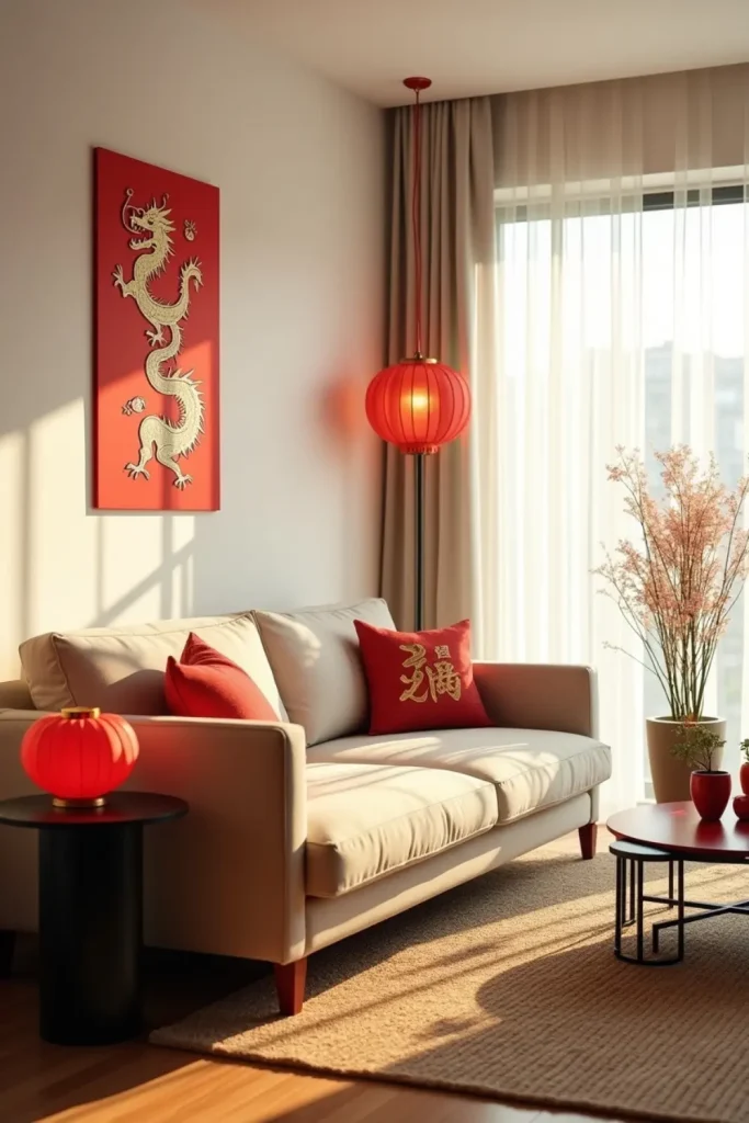 Chinese paper cuttings of dragons and Fu symbol on window and wall in festive family living room.