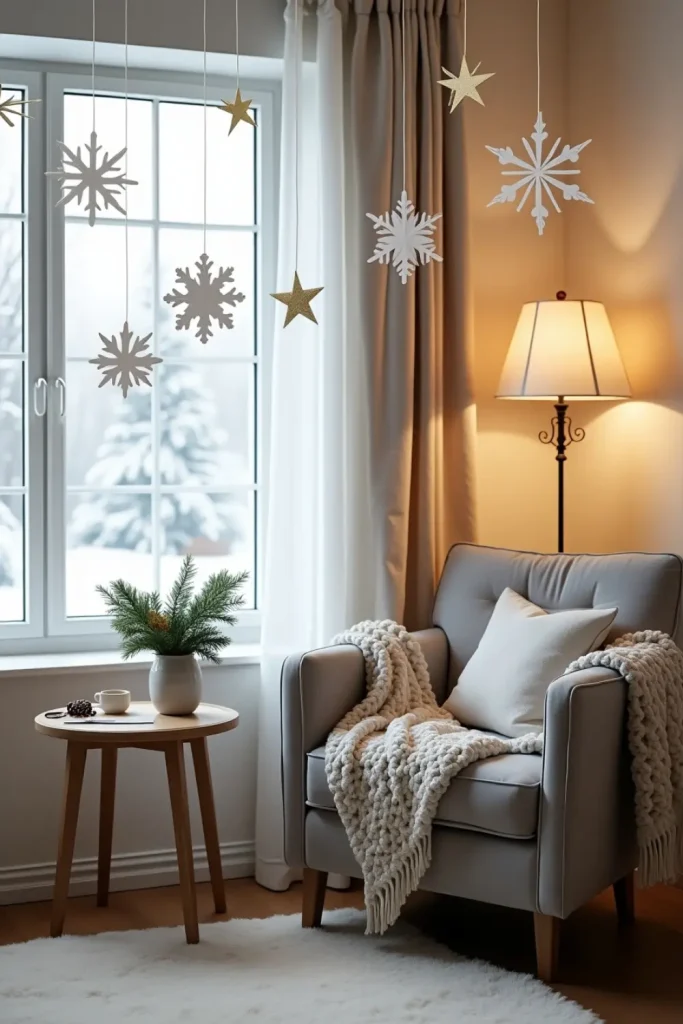 White and metallic paper snowflakes and stars hang above cozy chair with crafting table and hot cocoa.