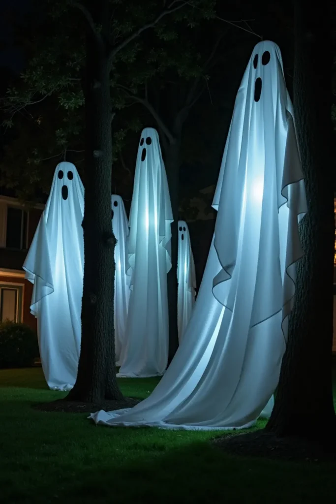 White sheet ghosts hang from trees with glowing light inside, swaying in a softly lit Halloween yard.
