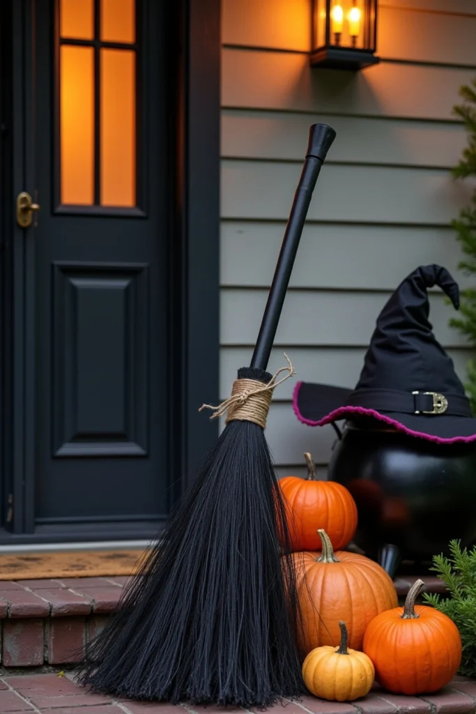 “Handmade witch’s broom from PVC and branches, leaning on porch with pumpkins and lantern glow”