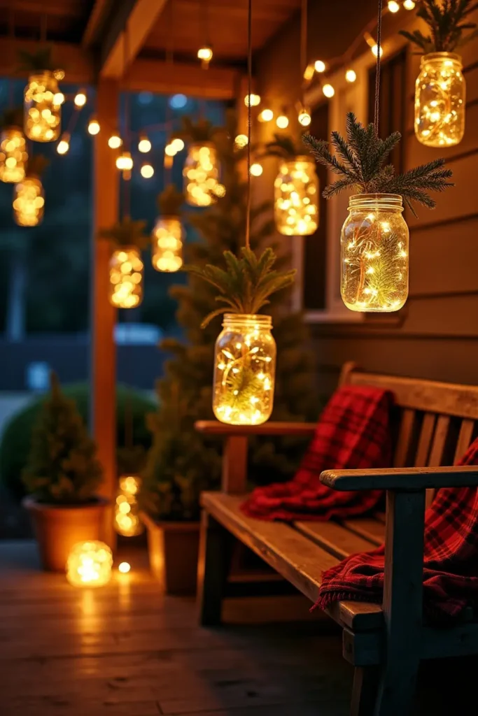 "Rustic mason jar lanterns with fairy lights and pine clippings, glowing warmly for Christmas decor."