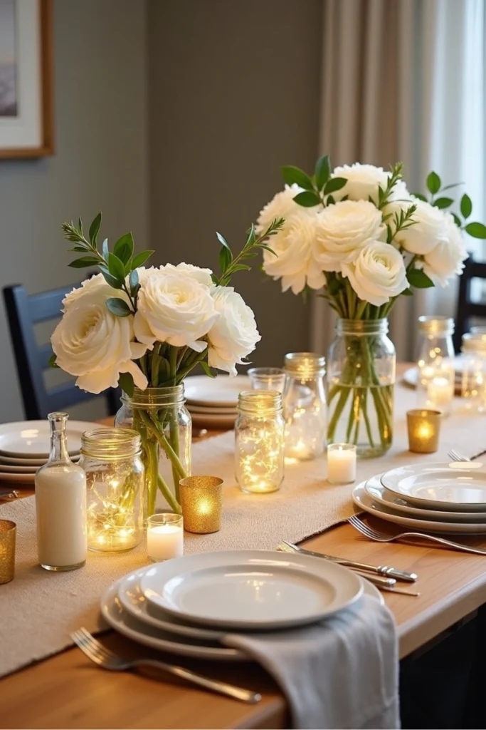 Glitter-rimmed mason jars with fairy lights and flowers as elegant New Year’s table centerpiece.