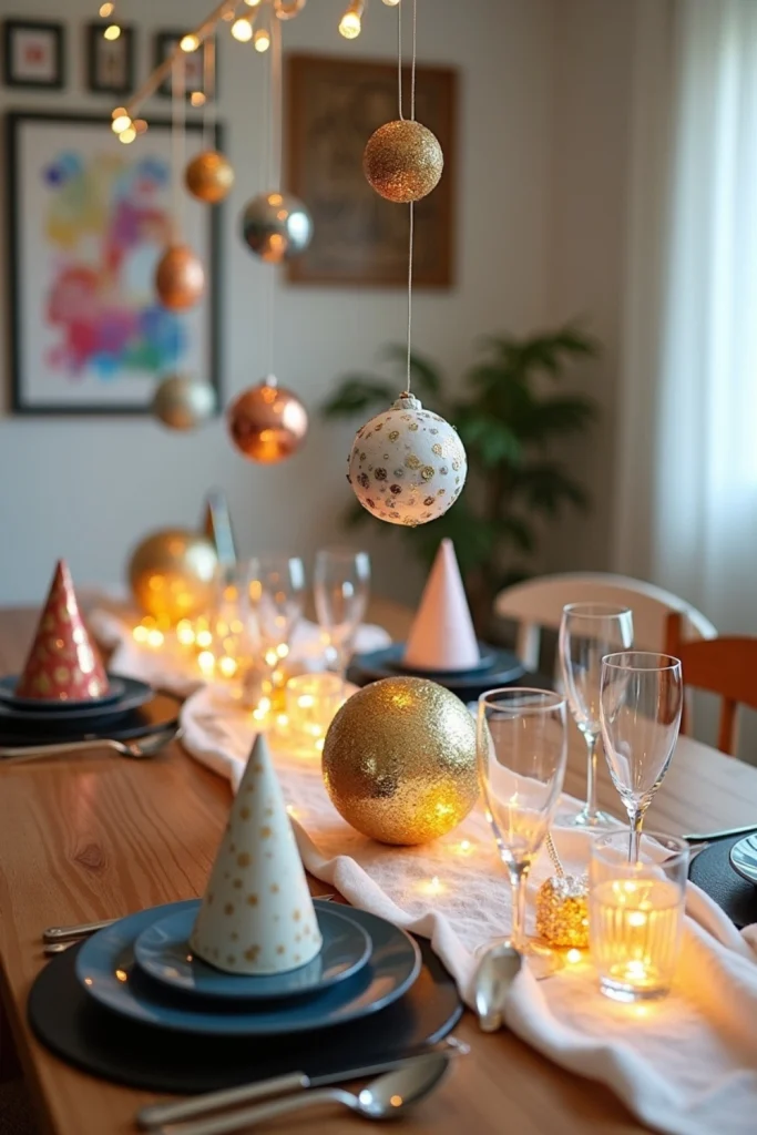 DIY tabletop ball drop with foil-wrapped sequined ball, festive table decor, and warm fairy lights.